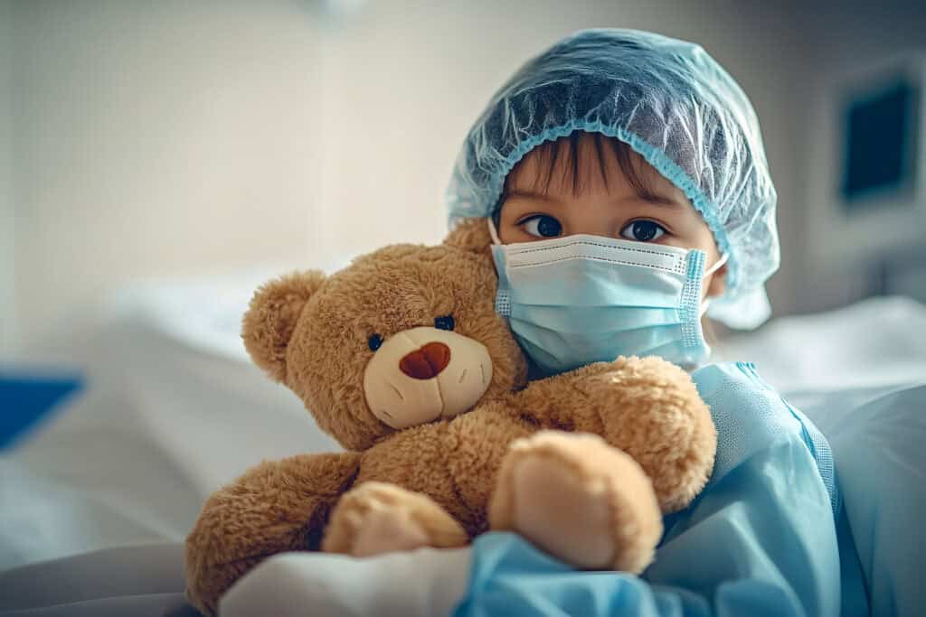child face mask and teddy bear in hospital cancer day health concept