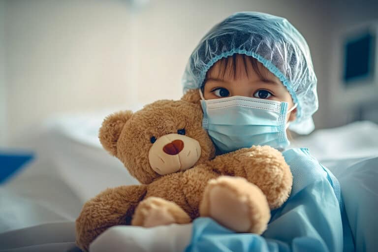 child face mask and teddy bear in hospital cancer day health concept