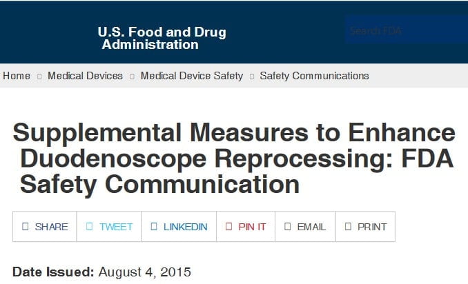 FDA Aug 4, 2015 Notice 4 supplemental measures for reprocessing duodenoscopes