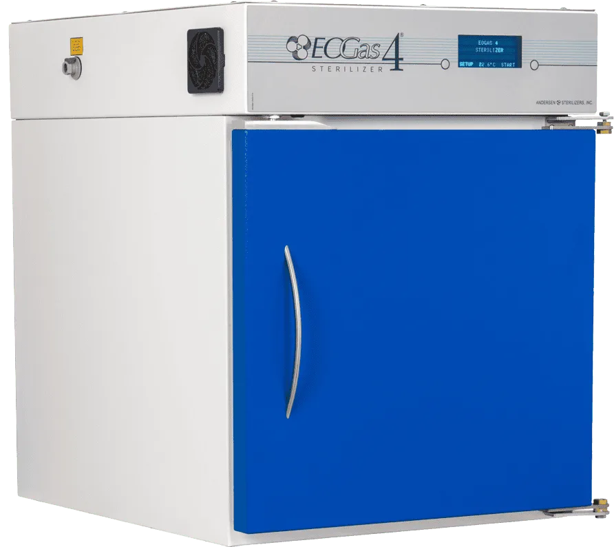 A white and blue sterilizer machine with a digital control panel on top. The blue door features a sleek, curved silver handle, indicating a modern design.